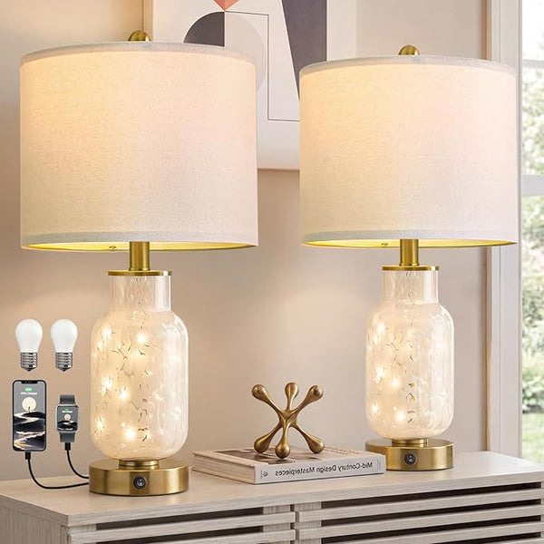 22" Glass Table Lamps Set of 2 with LED Night Light & USB Ports