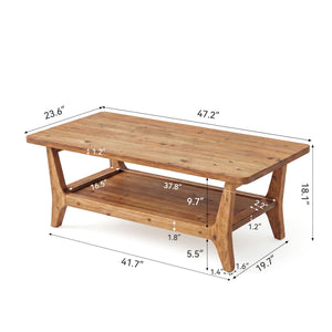Solid Wood Coffee Table with 2-Tier Shelf & Rounded Corners