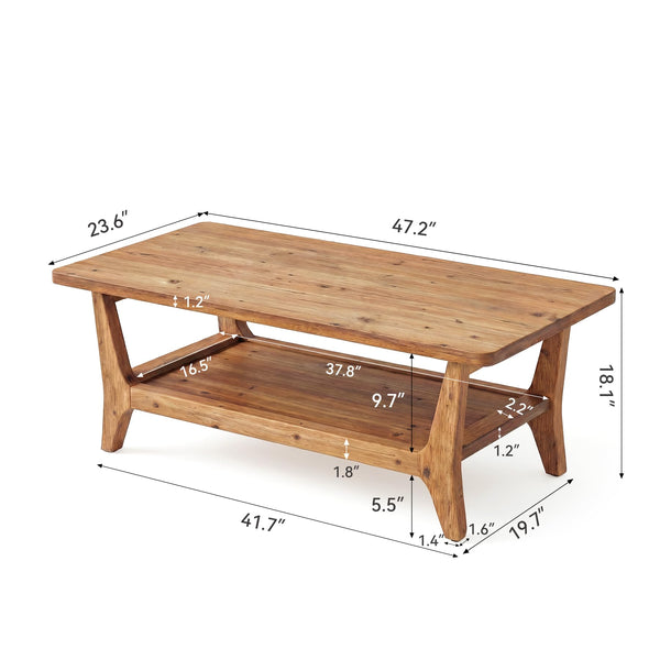 Solid Wood Coffee Table with 2-Tier Shelf & Rounded Corners