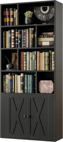 Industrial Bookcase with Doors & Open Cubes – 4-Tier, 70" Tall