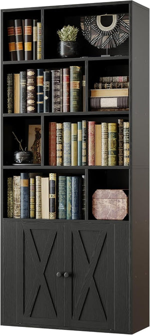 Industrial Bookcase with Doors & Open Cubes – 4-Tier, 70" Tall
