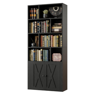 Tall Bookcase with Doors & 8 Open Cubes – 4-Tier Storage Shelf