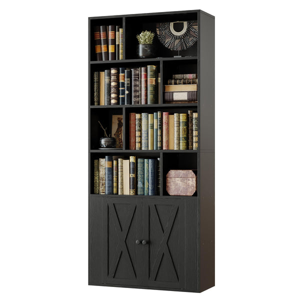 Tall Bookcase with Doors & 8 Open Cubes – 4-Tier Storage Shelf