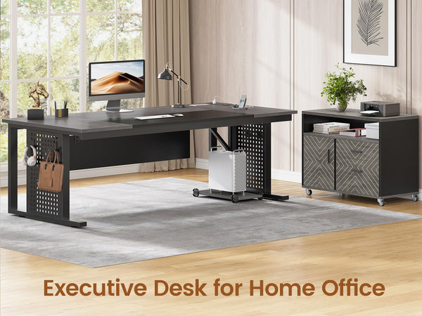 L-Shaped Executive Desk with Rolling File Cabinet & Power Outlets