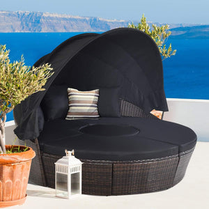 Outdoor Round Rattan Daybed with Retractable Canopy & Adjustable Coffee Table