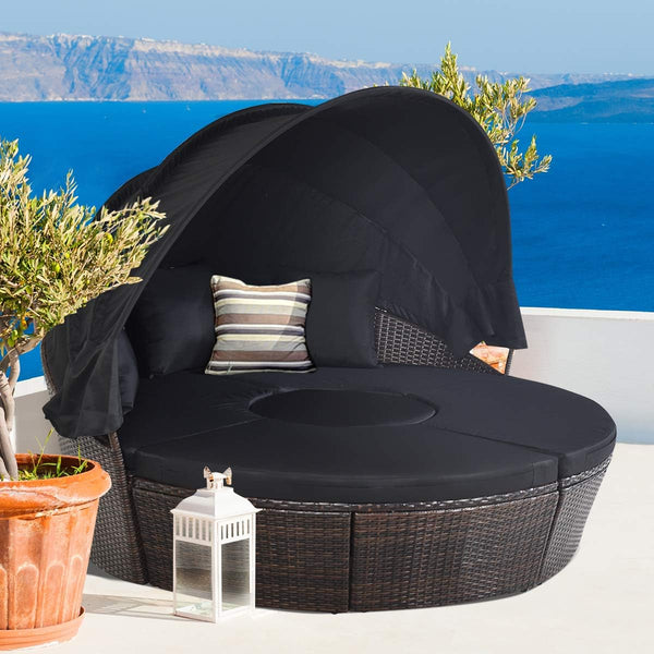 Outdoor Round Rattan Daybed with Retractable Canopy & Adjustable Coffee Table