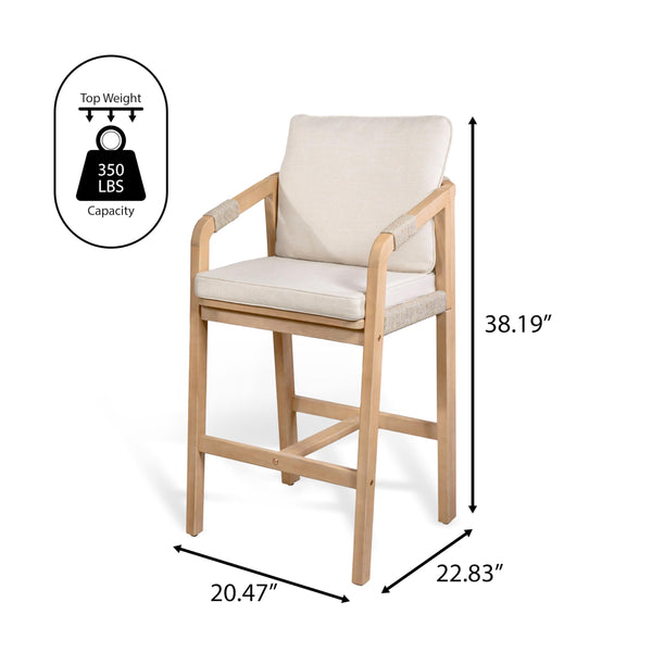 Acacia Wood Outdoor Bar Stools with Cushions & Armrests (Set of 2)