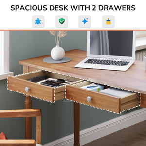 Solid Wood Writing Desk 48-Inch with 2 Drawers & Hooks