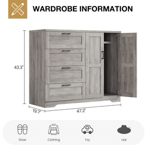 2-Door Wardrobe Armoire with 4 Drawers & Hanging Rod