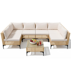 7-Piece Outdoor Wicker Sectional Sofa Set with Coffee Table