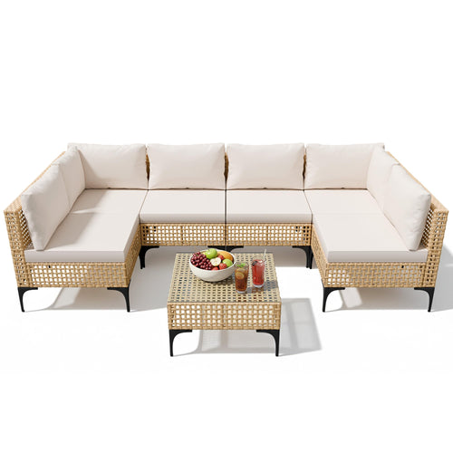 7-Piece Outdoor Wicker Sectional Sofa Set with Coffee Table