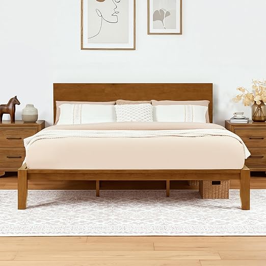 Japandi Solid Wood Platform Bed Frame with Optional Headboard