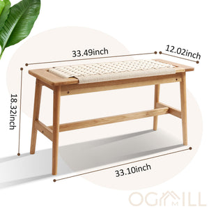Handwoven Cotton Rope Wood Bench – Solid Oak, Entryway & Bedroom