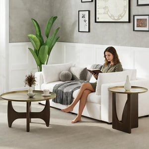 Round Coffee Table with Gold Tray Top & Walnut Base