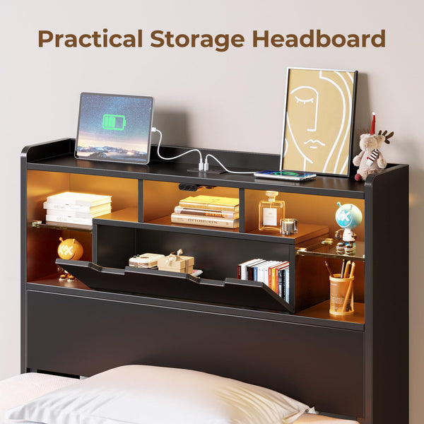 Platform Bed Frame with Storage Headboard, LED Lights & Charging Station