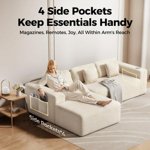 L-Shaped Sectional Sofa with Deep Seat & Storage Pockets
