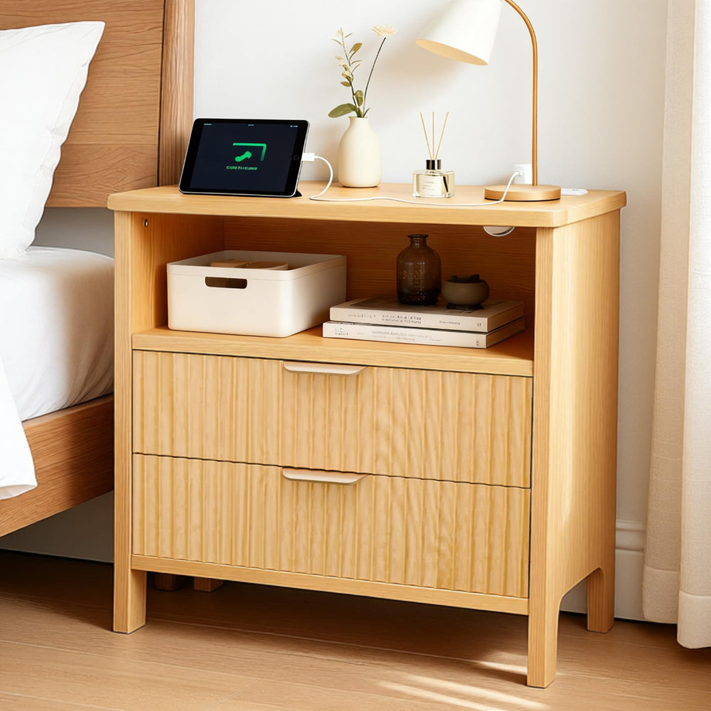 Fluted Nightstand with Charging Station & 2 Drawers