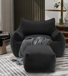 Bean Bag Chair with Footrest & Armrests – Corduroy Foam Sofa