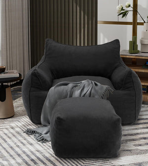 Bean Bag Chair with Footrest & Armrests – Corduroy Foam Sofa