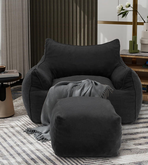 Bean Bag Chair with Footrest & Armrests – Corduroy Foam Sofa