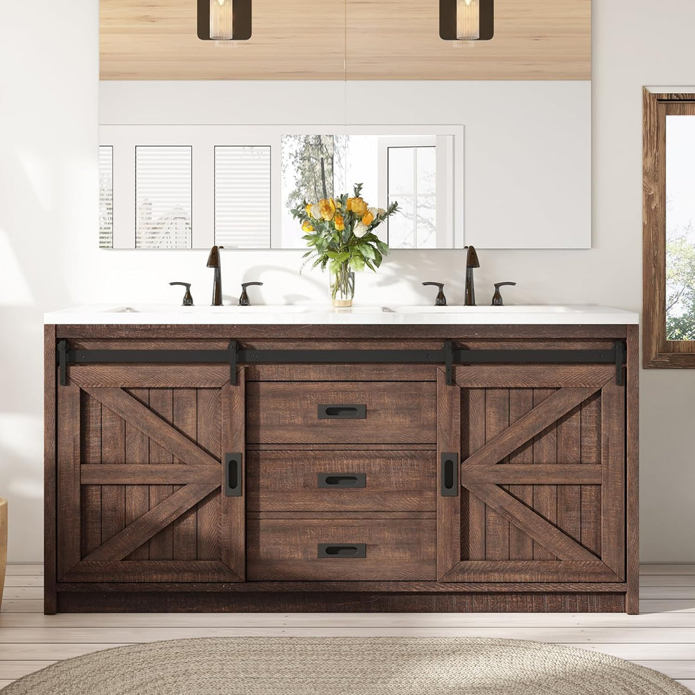 60" Farmhouse Bathroom Double Vanity with Integrated Sink & Sliding Barn Door