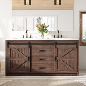 60" Farmhouse Bathroom Double Vanity with Integrated Sink & Sliding Barn Door