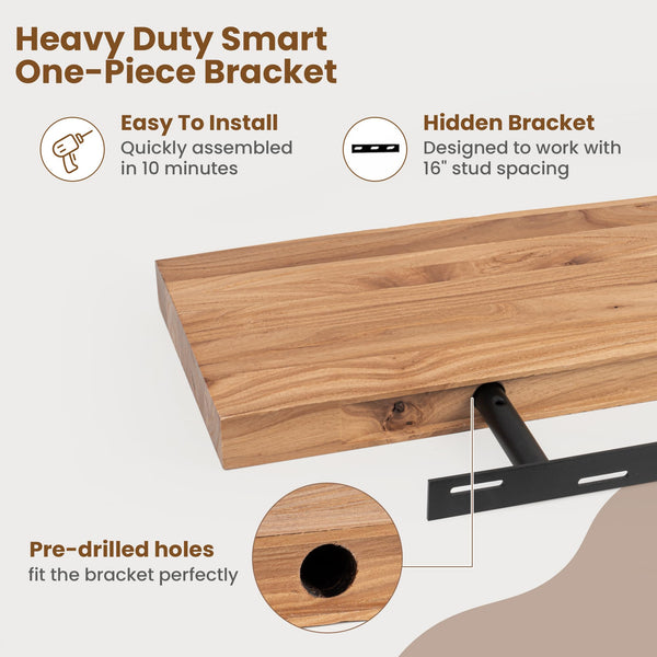 Live Edge Elm Wood Floating Wall Shelf 55 Inch