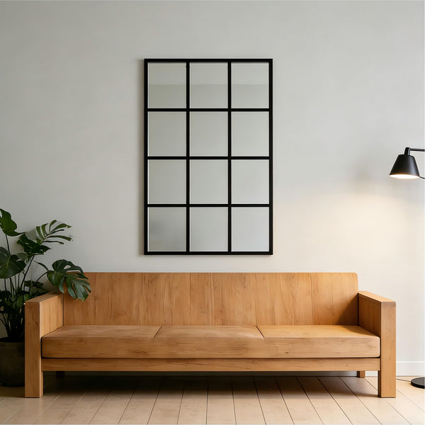 Large Arched Grid Wall Mirror – Matte Black Metal Frame
