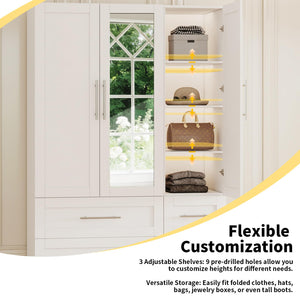 Wardrobe Closet with 4 Drawers, Mirror Doors & Hanging Rod, 71" Tall