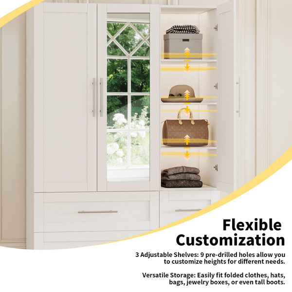 Wardrobe Closet with 4 Drawers, Mirror Doors & Hanging Rod, 71" Tall