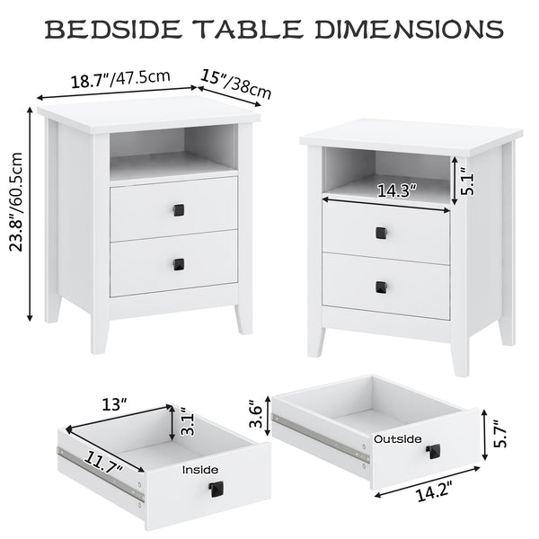 Farmhouse Nightstand Set of 2 with 2 Drawers and Open Shelf