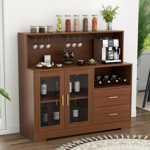 Wine Bar Cabinet with LED Light & Glass Doors