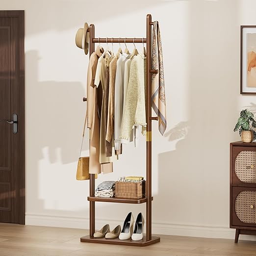 Solid Wood Coat Rack with Shelves & Hooks