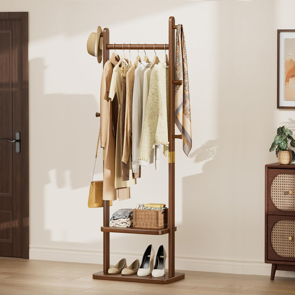 Solid Wood Coat Rack with 2 Shelves & 5 Hooks – Freestanding Clothes Stand