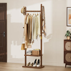 Solid Wood Coat Rack with 2 Shelves & 5 Hooks – Freestanding Clothes Stand