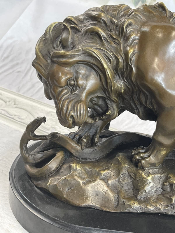 Lion and Snake Bronze Sculpture on Marble Base