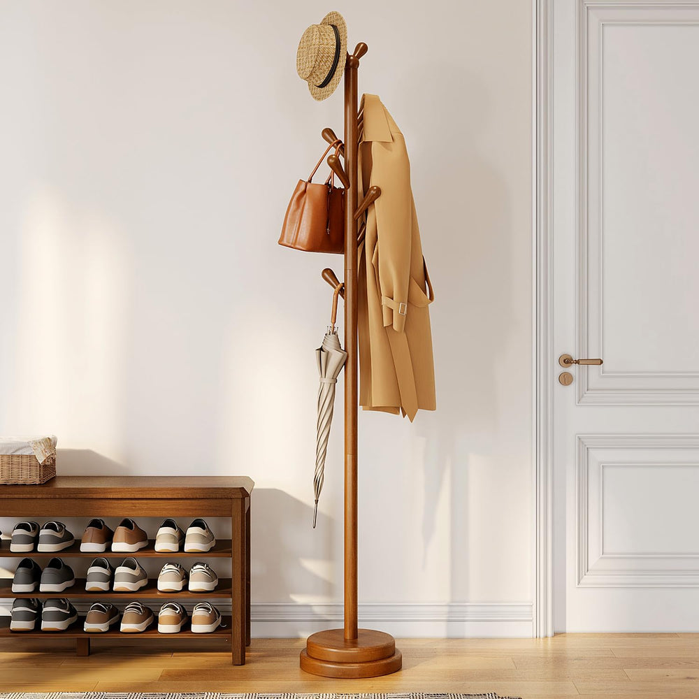 Solid Wood Freestanding Coat Rack with 8 Hooks