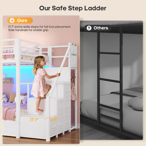 Twin Over Twin Bunk Bed with Stairs & LED Lights