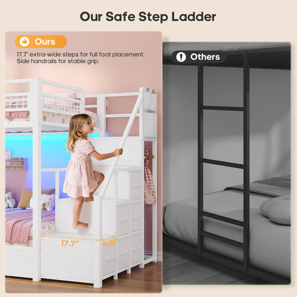Twin Over Twin Bunk Bed with Stairs & LED Lights
