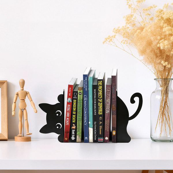 Black Cat Peeking Metal Bookends with Fridge Magnets, 4-Piece Set