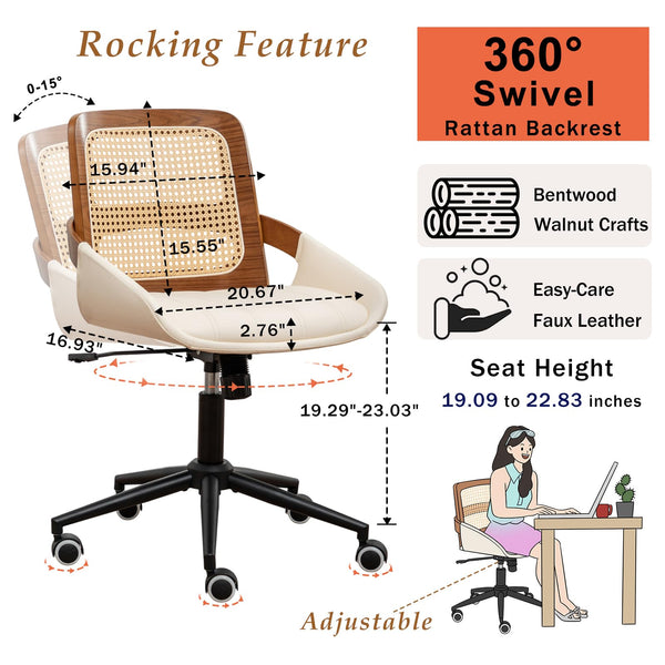 Rattan Back Office Chair with Faux Leather & Caster Wheels