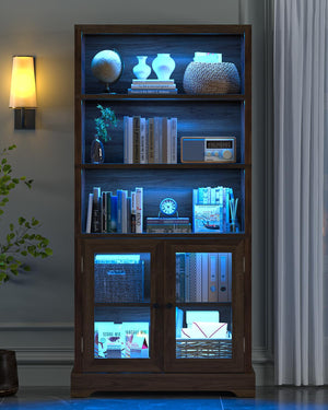 5-Tier Bookshelf with Ambient Lighting and Cabinet Doors