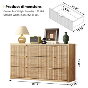 55" Wide 6-Drawer Dresser with Fluted Panel