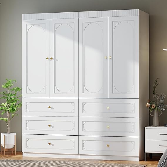 Fluted Door Wardrobe with Drawers & Hanging Rod