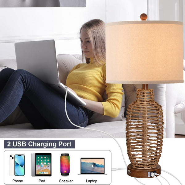 Rattan Table Lamps Set of 2 with USB Port & Dimmable Touch Control