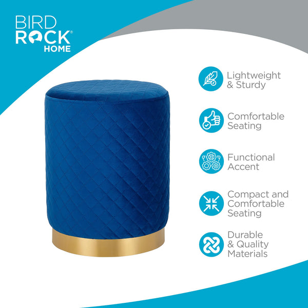 Velvet Round Ottoman Foot Stool – Lattice Design, Gold Trim, Blue