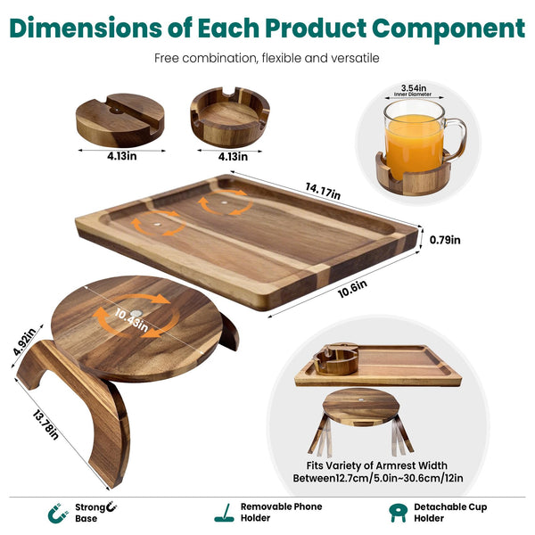 360° Rotating Sofa Arm Tray Table with Cup Holder & Phone Stand