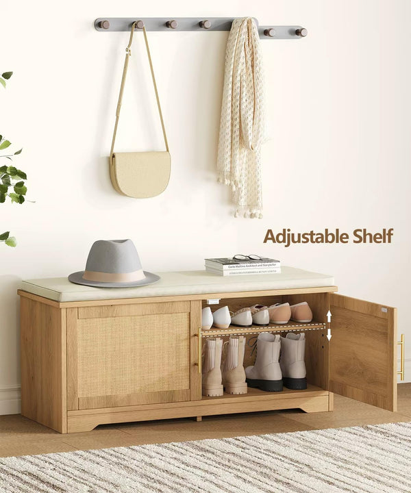 Rattan Shoe Storage Bench with Cushion & Adjustable Shelf