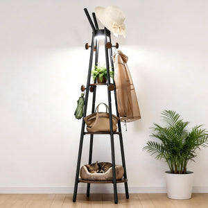 Freestanding Coat Rack with Motion Sensor Light, 3 Shelves & 12 Hooks