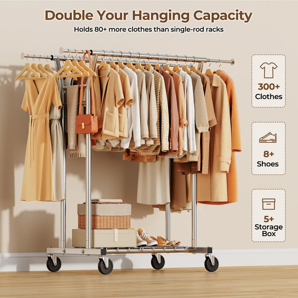 Heavy Duty Rolling Clothes Rack with Shelves, 700 lb Capacity, Dual Rod